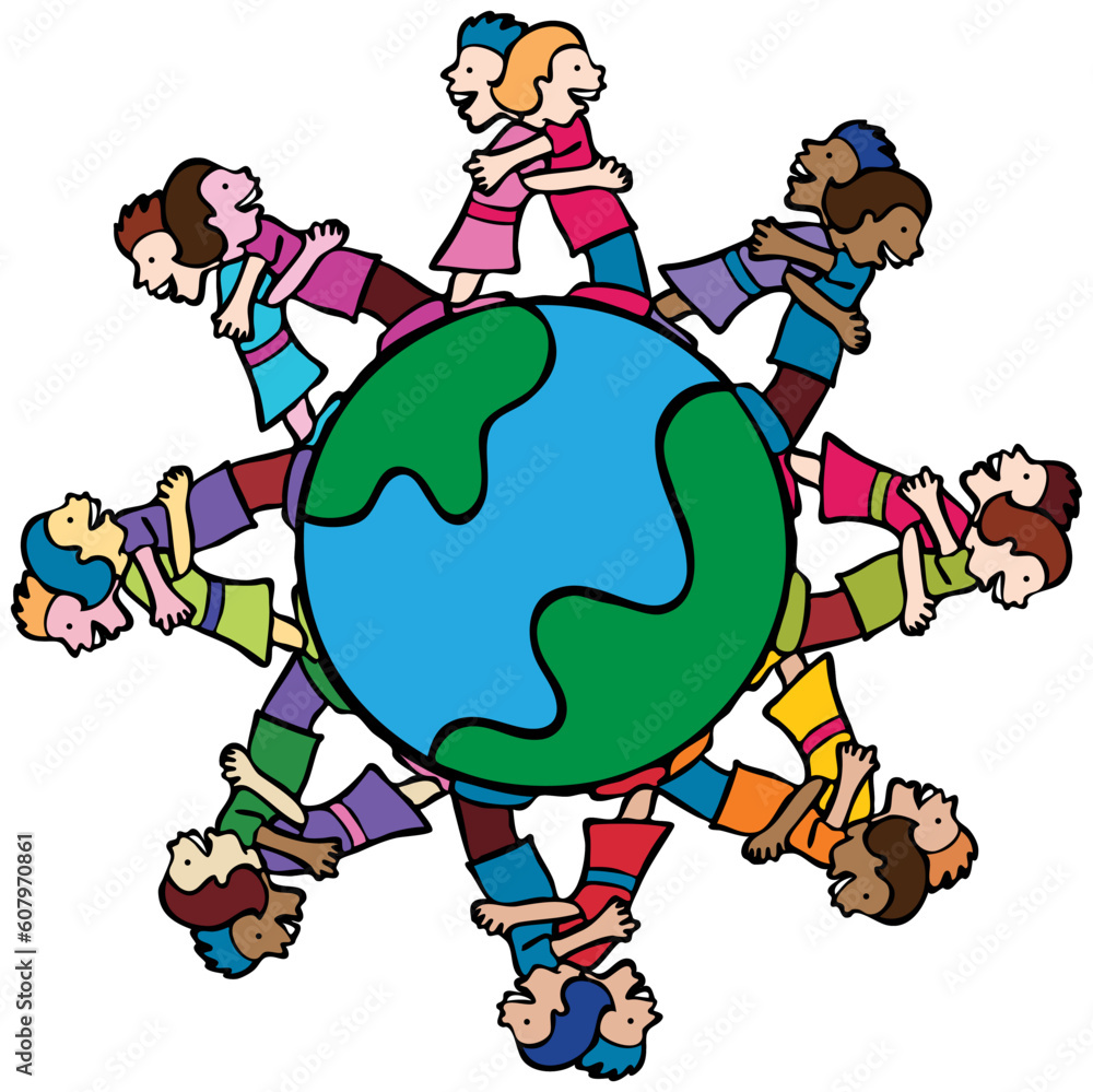 Poster globe with surrounding children hugging each other.