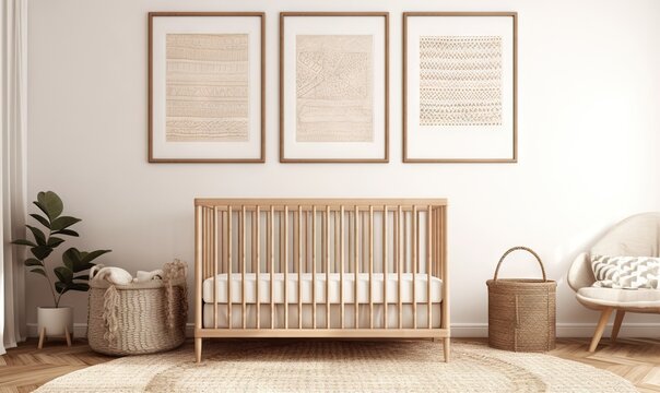  a baby's room with a crib, chair, rug and pictures on the wall.  generative ai