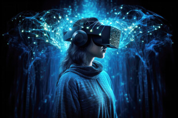 Woman wearing a virtual reality headset in dreamy world.