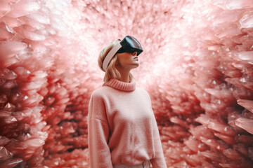 Woman wearing a virtual reality headset in crystal world.  Generative AI