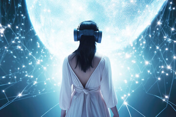 Woman wearing a virtual reality headset in dreamy world.  Generative AI