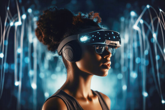 Black woman wearing futuristic virtual reality headset in mystical world.  Generative AI