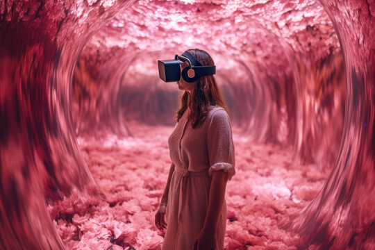 Woman wearing a virtual reality headset in ethereal world.  Generative AI