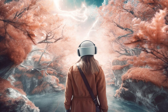 Woman wearing a virtual reality headset in ethereal world.  Generative AI