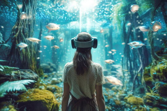Woman wearing a virtual reality headset in dreamy underwater world.  Generative AI