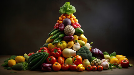 Composition with variety of fruits and vegetables on black background. Balanced diet