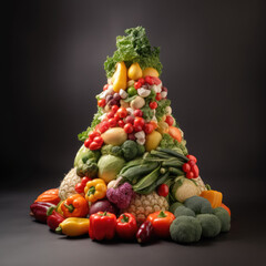 Fruit and vegetables in the form of a Christmas tree on a dark background