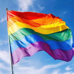 Rainbow flag waving in the wind against a blue sky. Dynamic texture painting. AI generated.