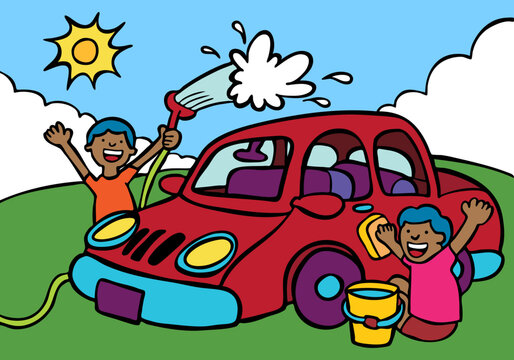 Cartoon image of two kids washing a car.