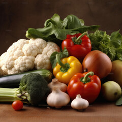 Variety of fresh organic vegetables and fruits as background, top view