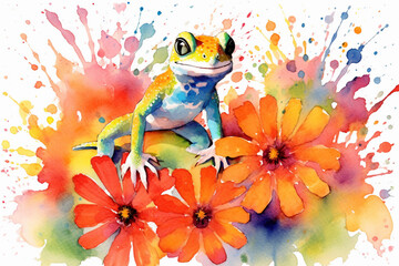 Watercolor painting of a cute gecko in a colorful flower field. Ideal for art print, greeting card, springtime concepts etc. Made with generative AI.
 - obrazy, fototapety, plakaty
