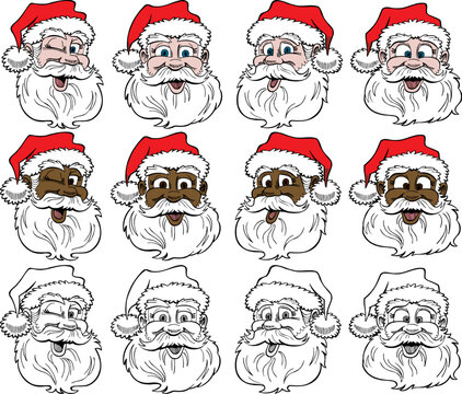 12 Santa Faces, Vector Illustration.