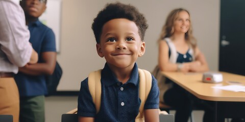 A child experiencing the first day of school in kindergarten or preschool. Showing the emotion of the day - Generative AI 