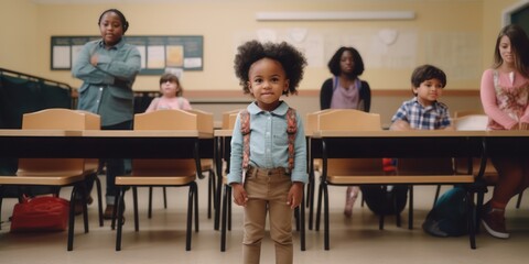 A child experiencing the first day of school in kindergarten or preschool. Showing the emotion of the day - Generative AI  - obrazy, fototapety, plakaty