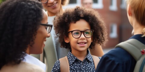 Fototapeta premium A child experiencing the first day of school in kindergarten or preschool. Showing the emotion of the day - Generative AI 