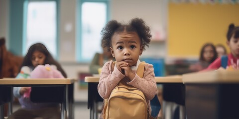 A child experiencing the first day of school in kindergarten or preschool. Showing the emotion of the day - Generative AI  - obrazy, fototapety, plakaty