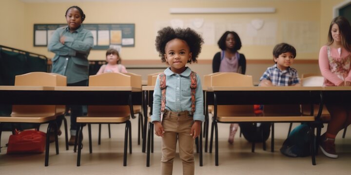 A child experiencing the first day of school in kindergarten or preschool. Showing the emotion of the day - Generative AI 