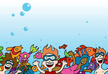 Naklejka na ściany i meble Cartoon drawing of people swimming with the fishes underwater.