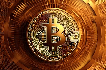 Fototapeta na wymiar Bitcoin coin on technological golden background, Generative AI