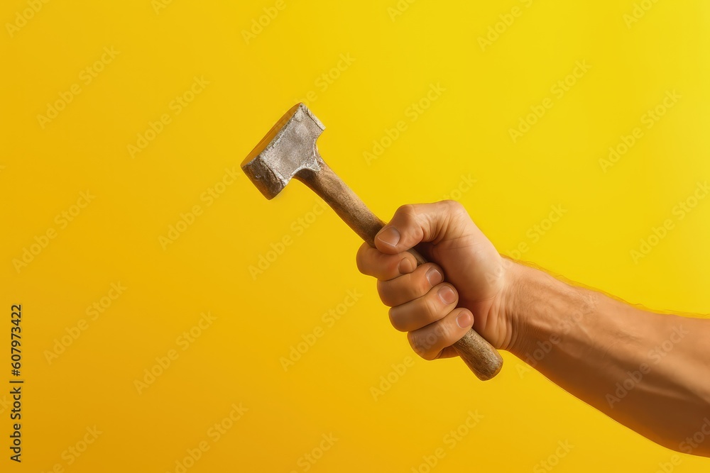 Sticker Hand holding hammer isolated on yellow background, Generative AI