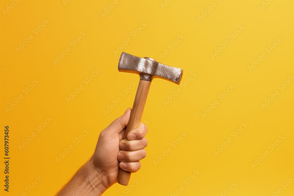 Wall mural hand holding hammer isolated on yellow background, generative ai