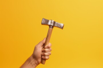 Hand holding hammer isolated on yellow background, Generative AI