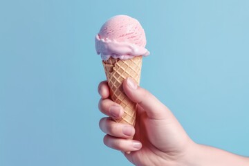 Hand holding pink ice cream on blue background, Generative AI
