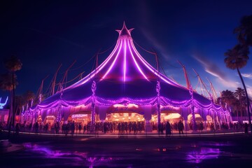 Circus with purple and violet lights in Las Vegas night, Circus facade with neon lights, Generative AI