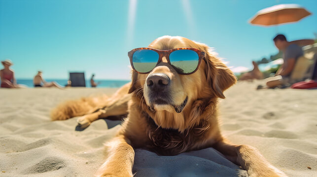 Golden Retriever dog with sunglasses lying on the sand of a beach. Dog on vacation. Generative ai.