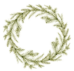 Round frame with green New Year fir branches, watercolor illustration.