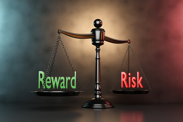 The words Reward and Risk are on each side of the retro-style weight balance with foggy background. Illustration of the concept that reward is proportional to risk