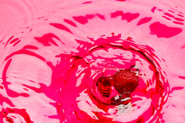 Falling of ripe raspberry into red juice