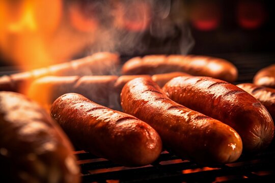 Close up of sausages on fire created with Generative AI technology.