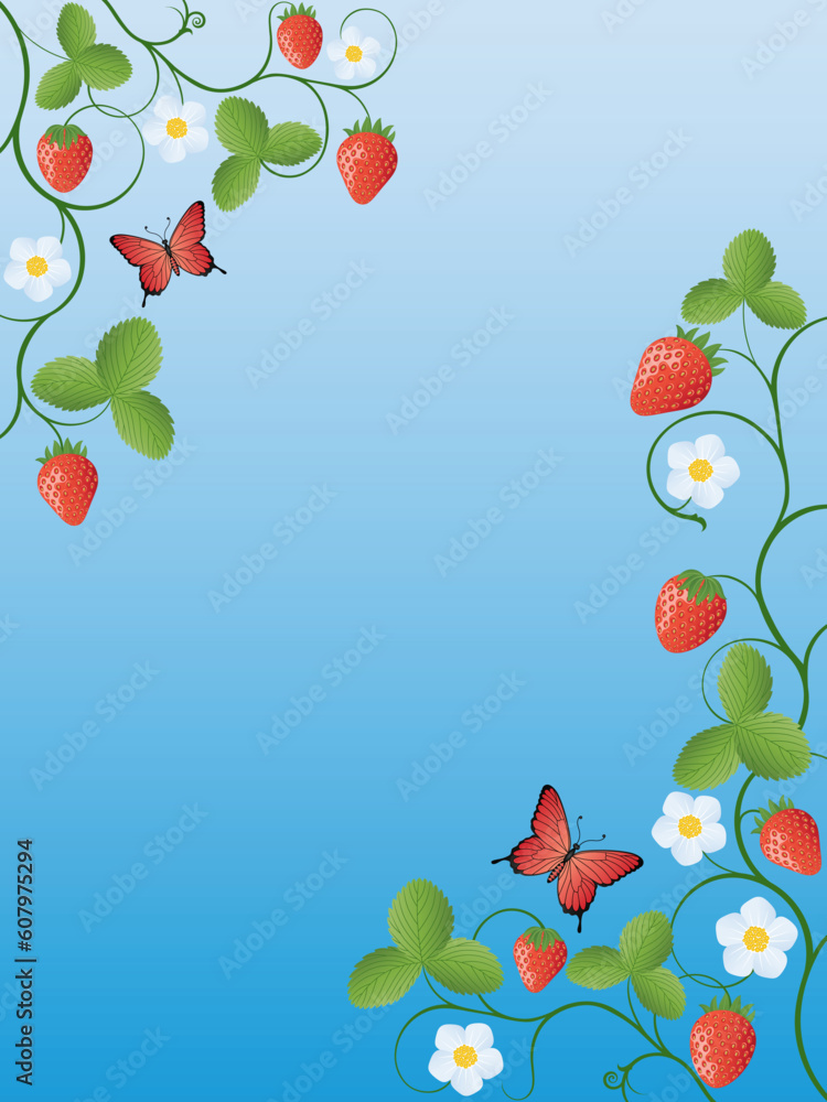 Sticker summer background with strawberry. vector illustration.