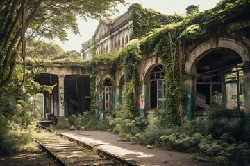 Obraz premium abandoned old train station overgrown with ivy created with Generative AI technology