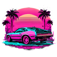 Car on Miami beach with Palm trees and sunset in the background. Synthwave edition. Transparent background for T-Shirt designs. Vintage