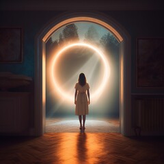 Woman entering a portal to another Universe or dimensions. Concept of multiverse or parallel realities - obrazy, fototapety, plakaty