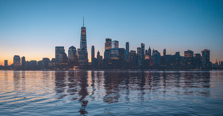 Sunrise over New York City skyline, America