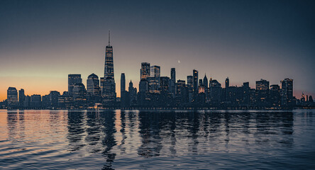 Sunrise over New York City skyline, America