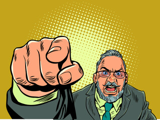 Frustrated boss scolds subordinate. Angry customer swears in the store. A man in a suit points to something displeased. Pop Art Retro