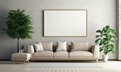 Blank picture frame mockup on white wall, Artwork in design interior. Modern scandinavian style, generative AI