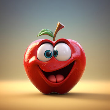 Funny cartoon apple with a huge smile isolated on light background. Cute smiling apple cartoon character emoticon mascot. Generative AI