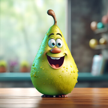 Funny cartoon pear with a huge smile standing on a table. Cute happy green pear cartoon character emoticon mascot. Generative AI