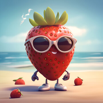 Funny cartoon strawberry wearing sunglasses on the beach. Cool strawberry cartoon character in sun glasses emoticon mascot, summer banner. Generative AI