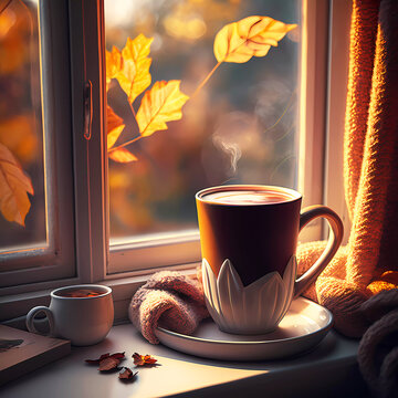 Autumn. A cup of coffee on the window, yellow trees outside the window. AI generated