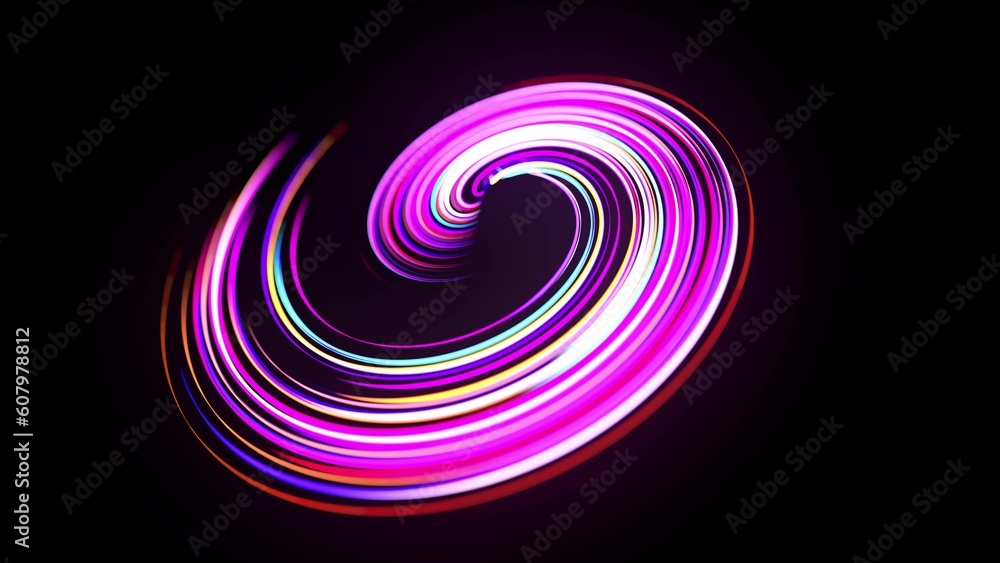 Poster motion graphics, sci-fi bg. stream of multicolor neon lines form spiral shape, curls and pattern. ab