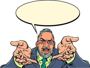 Frustrated boss or employee. Customer dissatisfaction with service. An adult man in glasses and a suit screams with his hands while he says something. Pop Art Retro