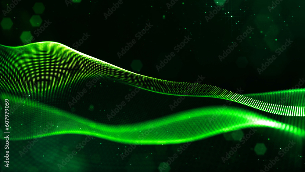 Poster abstract sci-fi background with glow particles form curved lines, surfaces, hologram structures or v