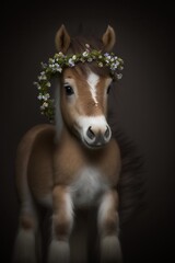Cute little brown horse with white mane, in a floral wreath on his head, on a dark background Generative AI