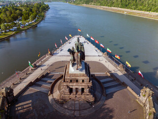 Deutsches Eck or German Corner headland in Koblenz, where the Mosel river joins the Rhine. Aerial...